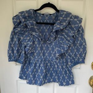 NWOT Zara Blue Eyelet 100% Cotton Blouse Top Medium SOLD OUT